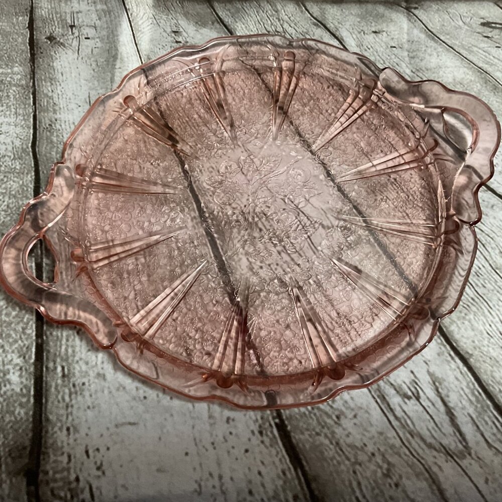 Vintage Jeanette Pink Depression Glass Serving Tray Cherry Etched Design Handles